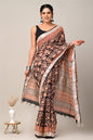Pure  Hand block printed cotton linen saree with blouse (69)