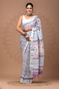 Pure  Hand block printed cotton linen saree with blouse (70)