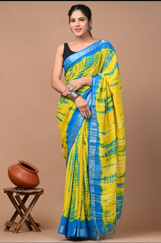 Pure  Hand block printed cotton linen saree with blouse (71)