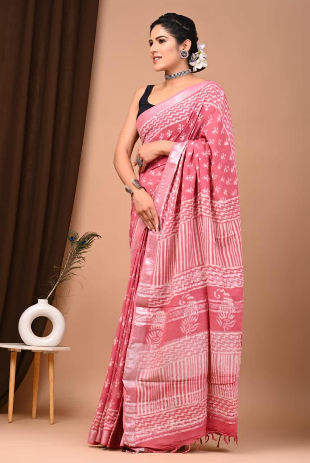 Pure  Hand block printed cotton linen saree with blouse (74)