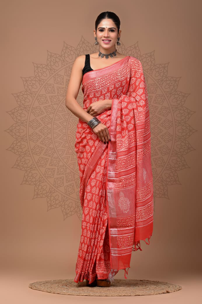 Pure  Hand block printed cotton linen saree with blouse (75)