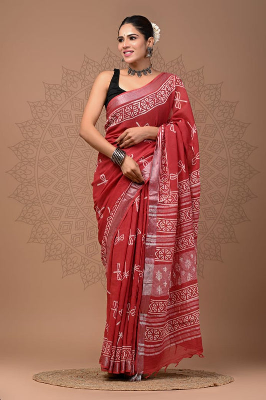 Pure  Hand block printed cotton linen saree with blouse (80)