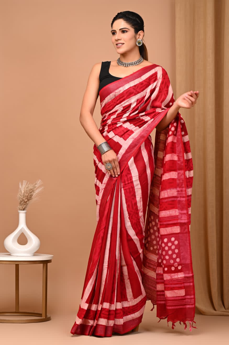 Pure  Hand block printed cotton linen saree with blouse (81)