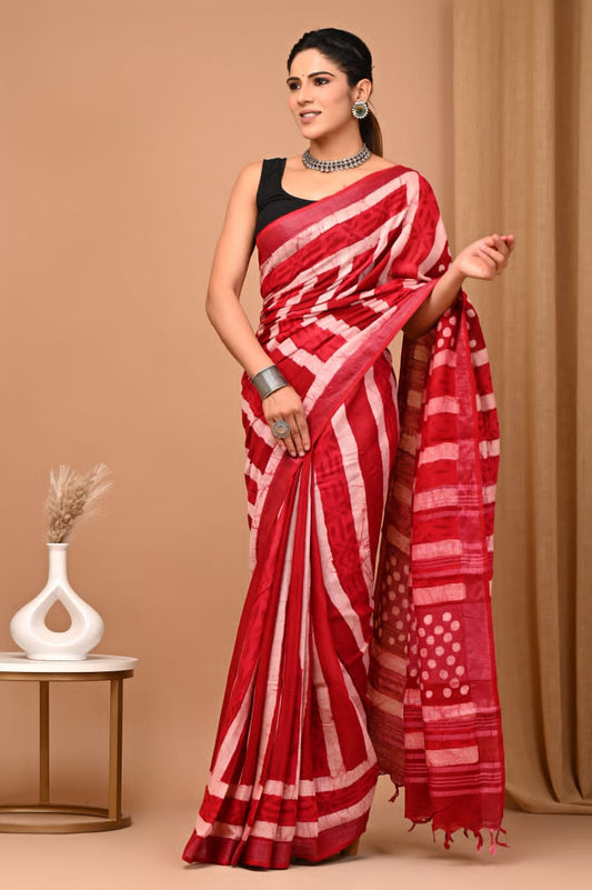 Pure  Hand block printed cotton linen saree with blouse (81)
