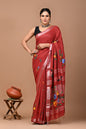 Pure  Hand block printed cotton linen saree with blouse (84)