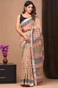 Pure  Hand block printed cotton linen saree with blouse (85)