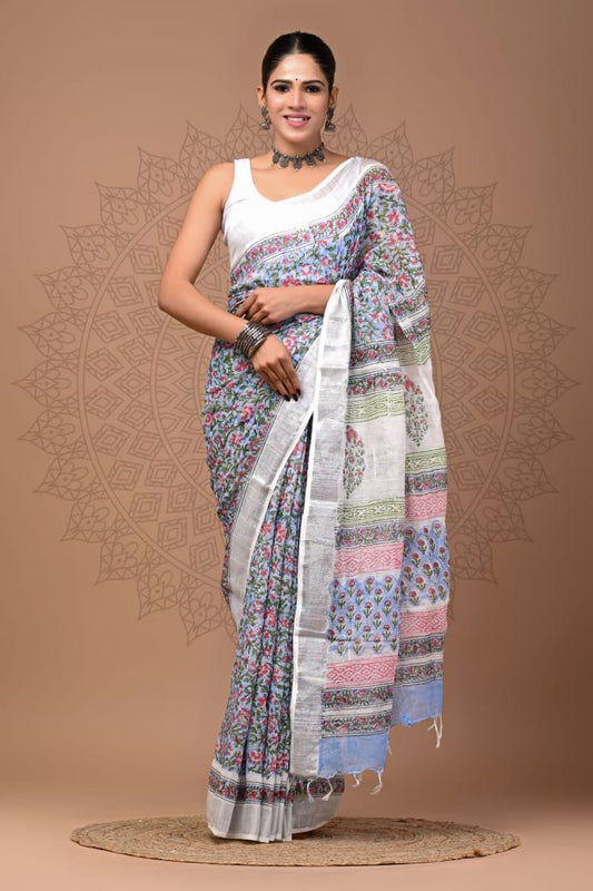 Pure  Hand block printed cotton linen saree with blouse (86)