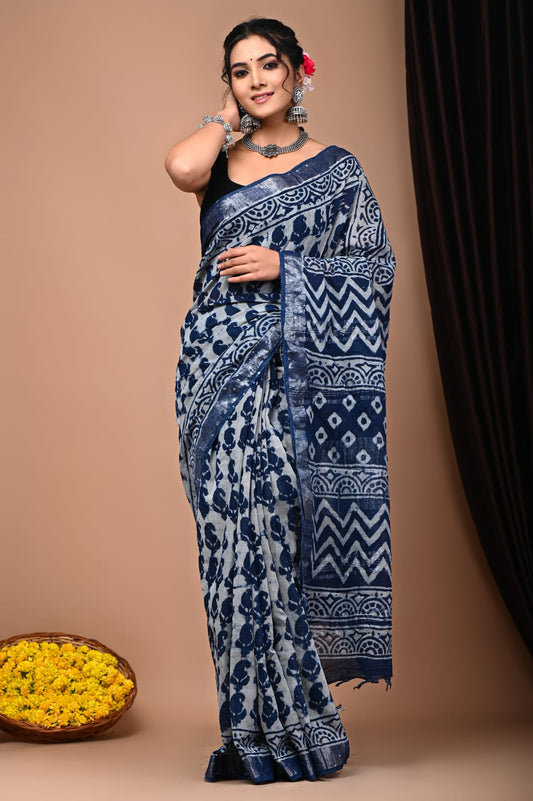Pure  Hand block printed cotton linen saree with blouse (90)