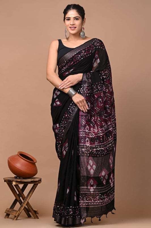 Pure  Hand block printed cotton linen saree with blouse (91)