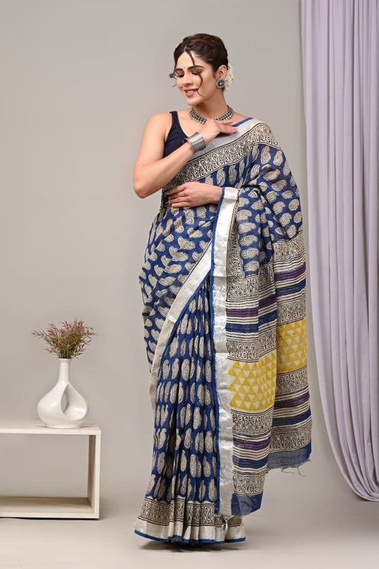 Pure  Hand block printed cotton linen saree with blouse (92)