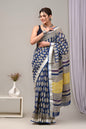 Pure  Hand block printed cotton linen saree with blouse (92)