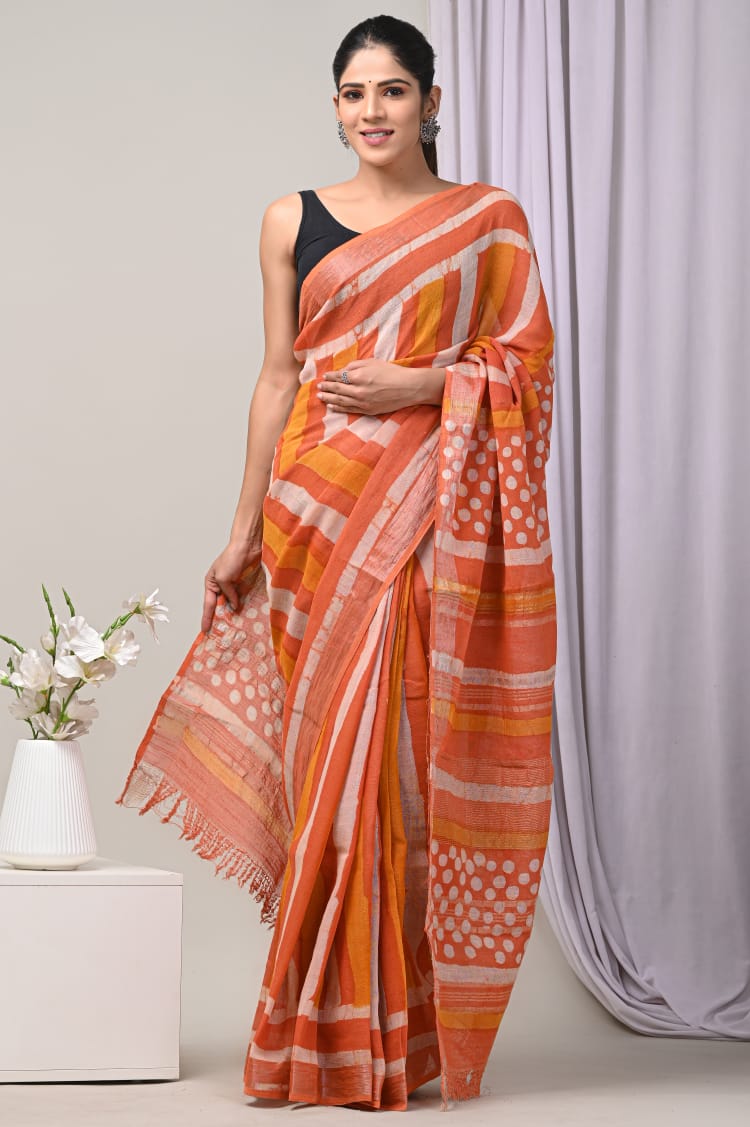 Pure  Hand block printed cotton linen saree with blouse (96)