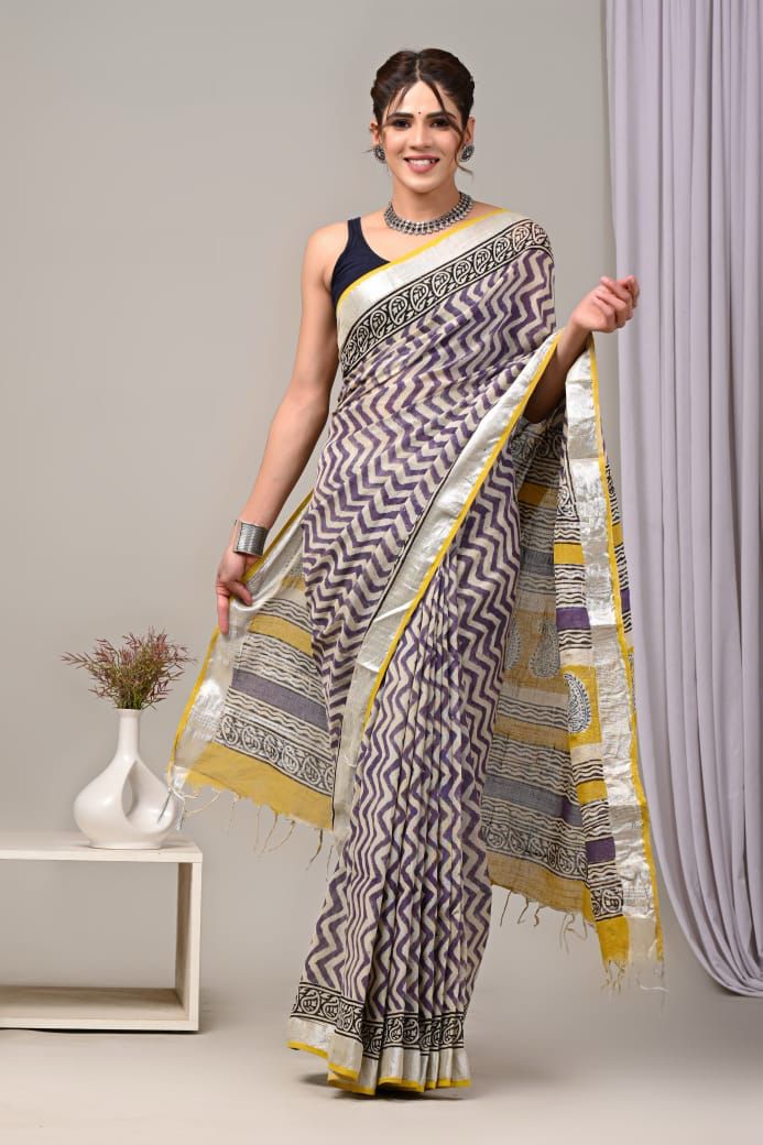 Pure  Hand block printed cotton linen saree with blouse (97)