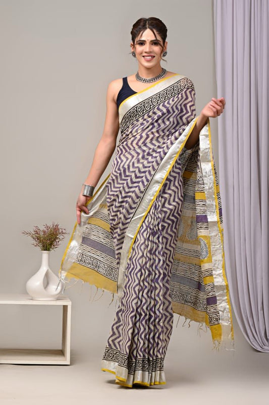 Pure  Hand block printed cotton linen saree with blouse (97)