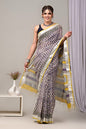 Pure  Hand block printed cotton linen saree with blouse (97)