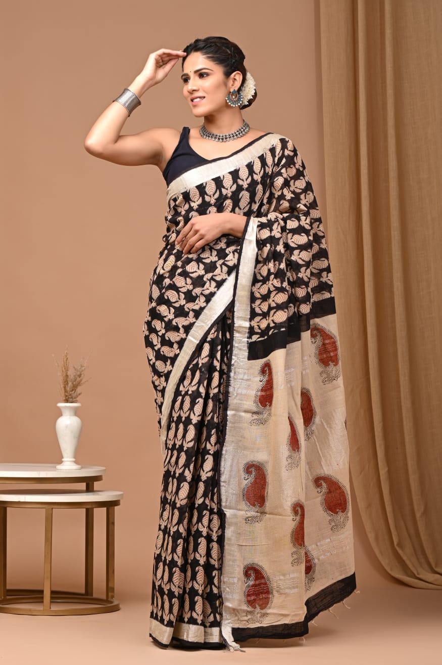 Pure  Hand block printed cotton linen saree with blouse (98)