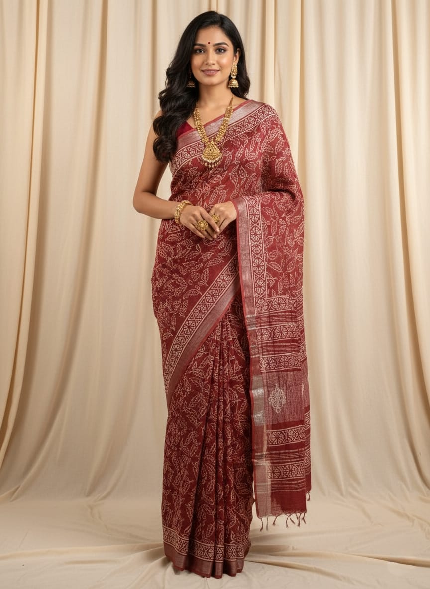 Pure  Hand block printed cotton linen saree with blouse (100)