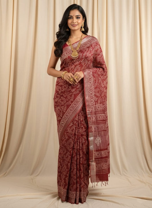 Pure  Hand block printed cotton linen saree with blouse (100)