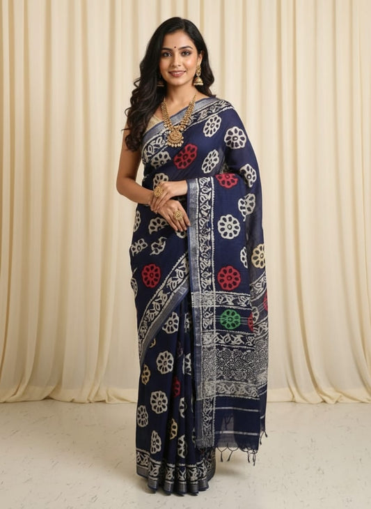 Pure  Hand block printed cotton linen saree with blouse (101)