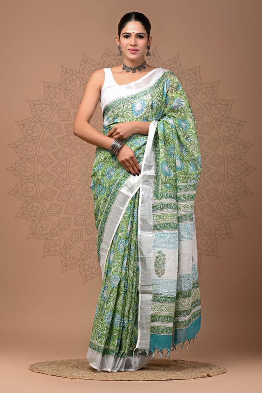 Pure  Hand block printed cotton linen saree with blouse (106)