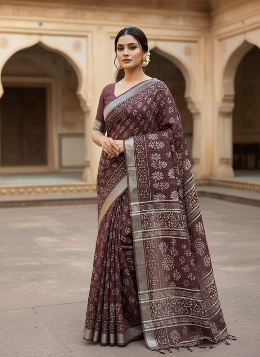 Pure  Hand block printed cotton linen saree with blouse (110)