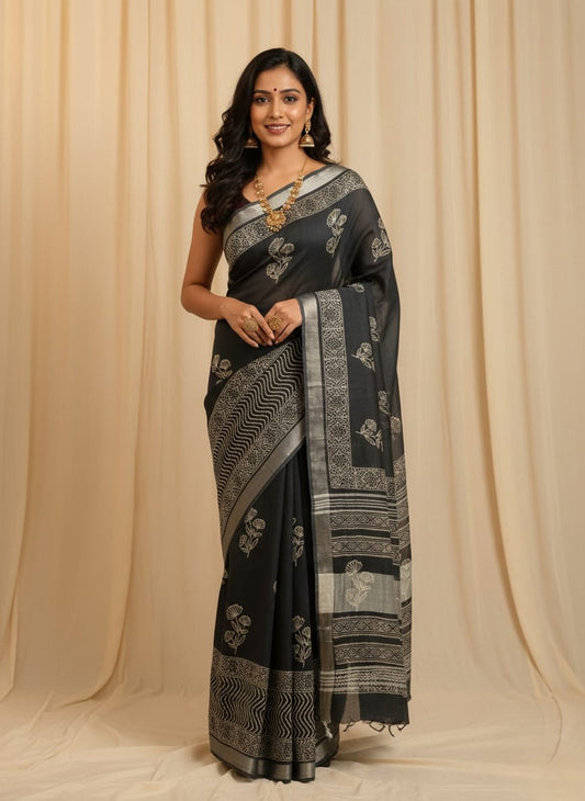 Pure  Hand block printed cotton linen saree with blouse (111)