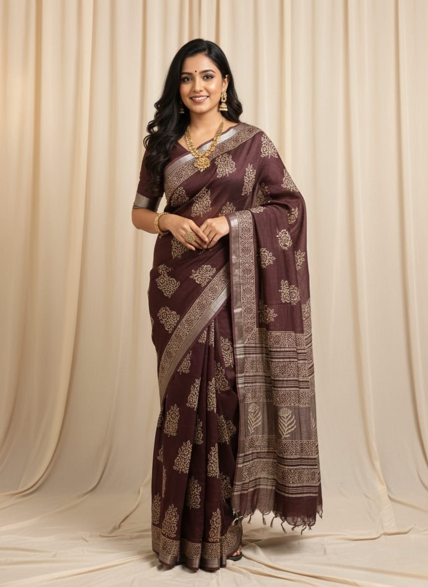 Pure  Hand block printed cotton linen saree with blouse (112)