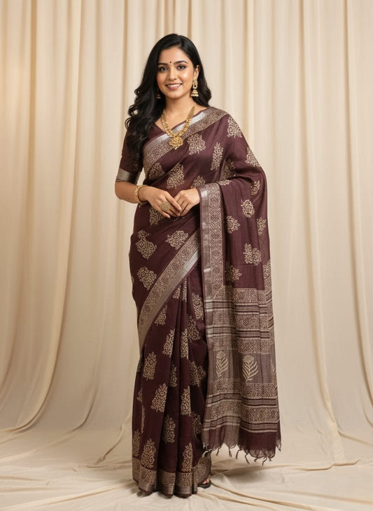 Pure  Hand block printed cotton linen saree with blouse (112)
