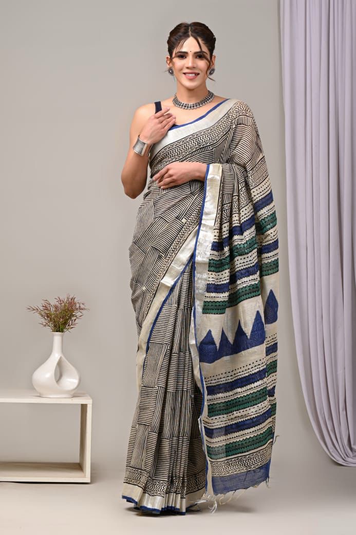 Pure  Hand block printed cotton linen saree with blouse (113)