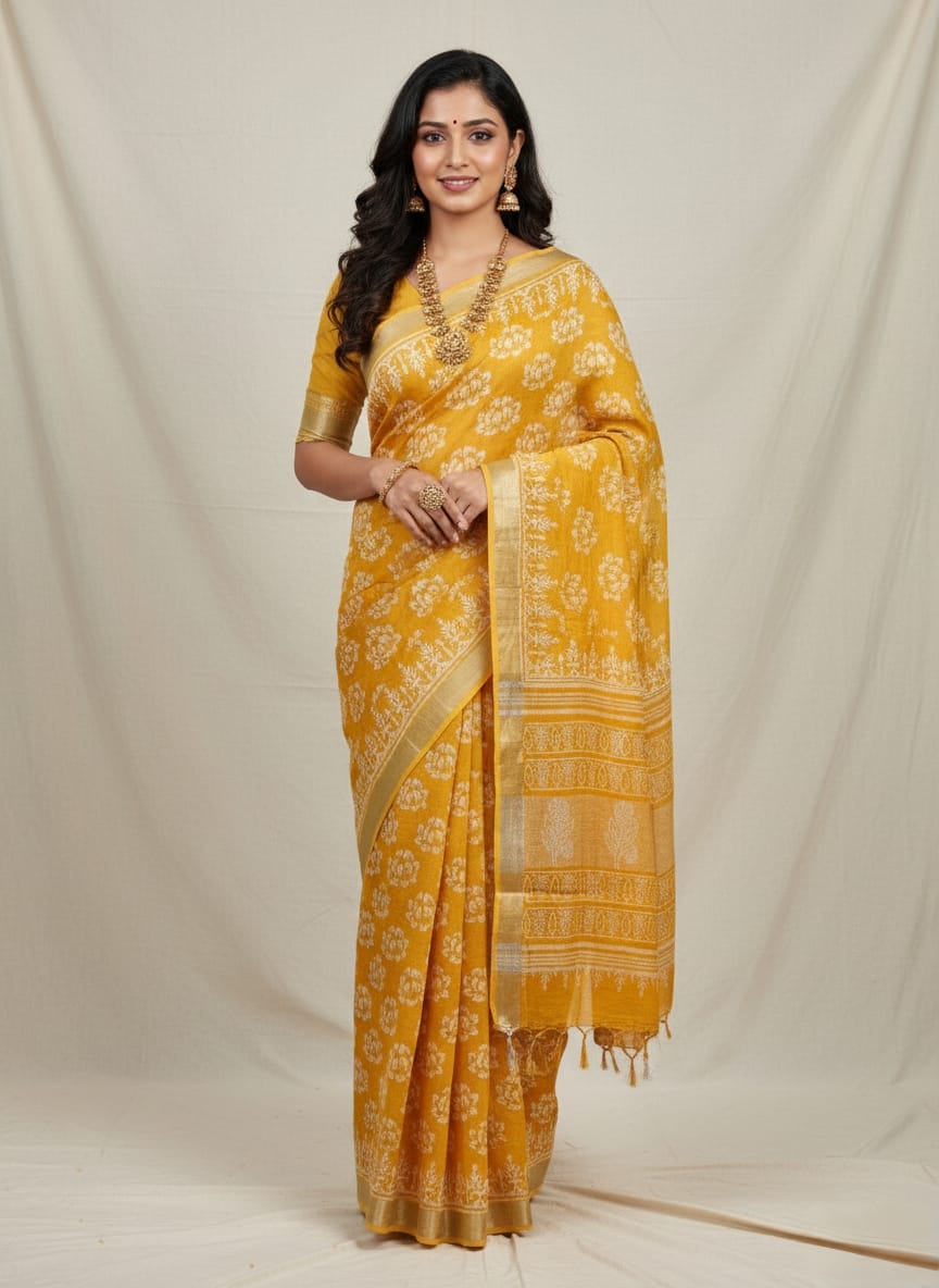 Pure  Hand block printed cotton linen saree with blouse (115)