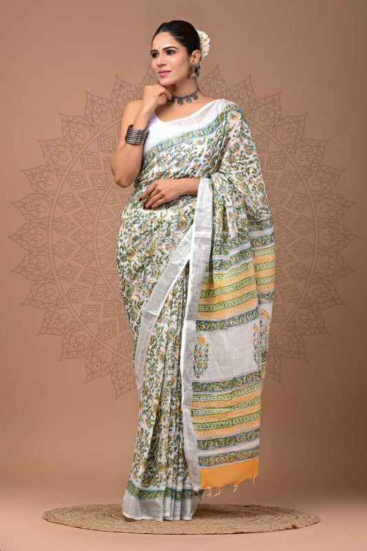 Pure  Hand block printed cotton linen saree with blouse (119)