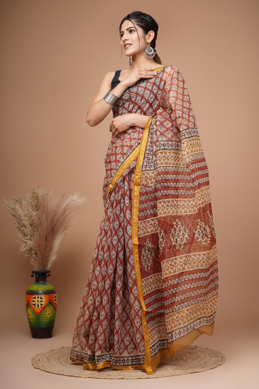 Pure Hand Block Printed Kota Doriya Sarees With Blouse (121)