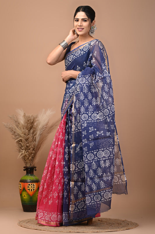 Pure Hand Block Printed Kota Doriya Sarees With Blouse (122)