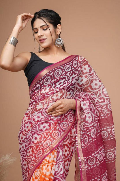 Pure Hand Block Printed Kota Doriya Sarees With Blouse (123)