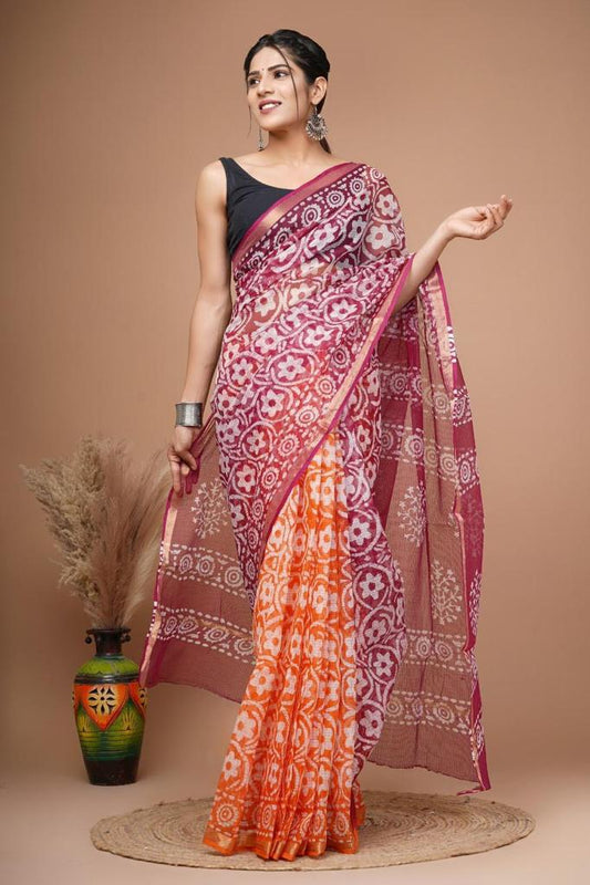 Pure Hand Block Printed Kota Doriya Sarees With Blouse (123)