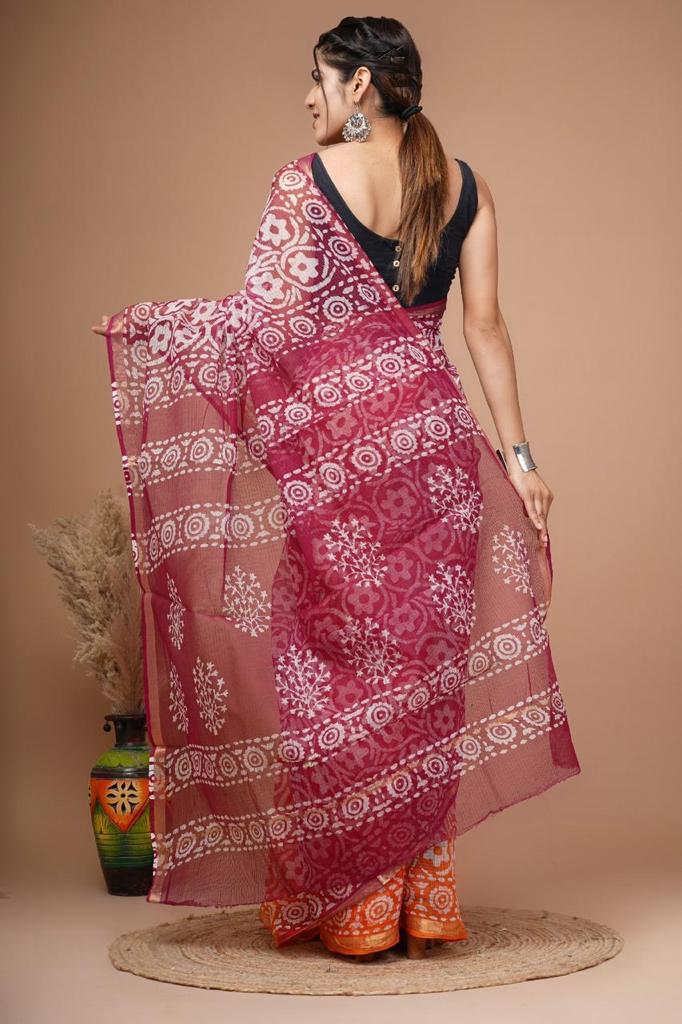 Pure Hand Block Printed Kota Doriya Sarees With Blouse (123)