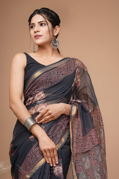 Pure Hand Block Printed Kota Doriya Sarees With Blouse (124)