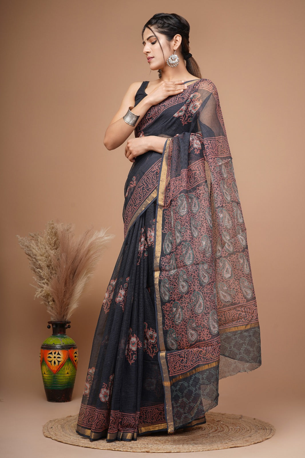 Pure Hand Block Printed Kota Doriya Sarees With Blouse (124)