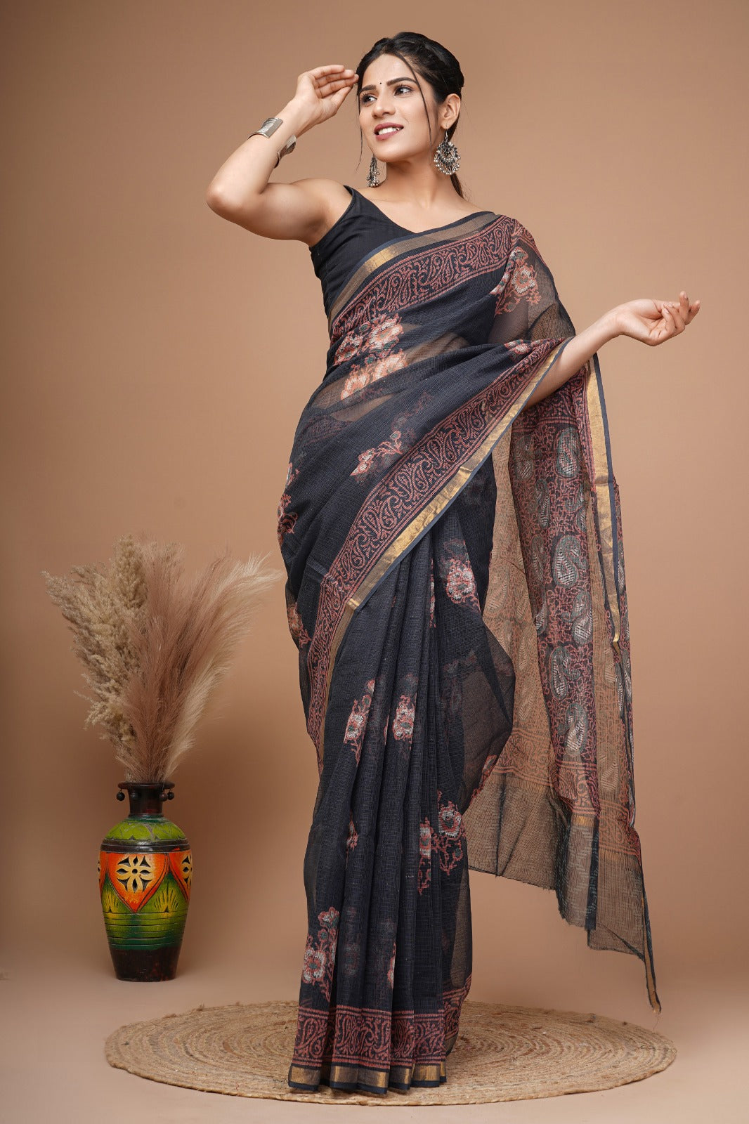 Pure Hand Block Printed Kota Doriya Sarees With Blouse (124)