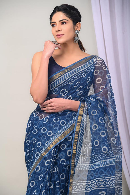 Pure Hand Block Printed Kota Doriya Sarees With Blouse (127)