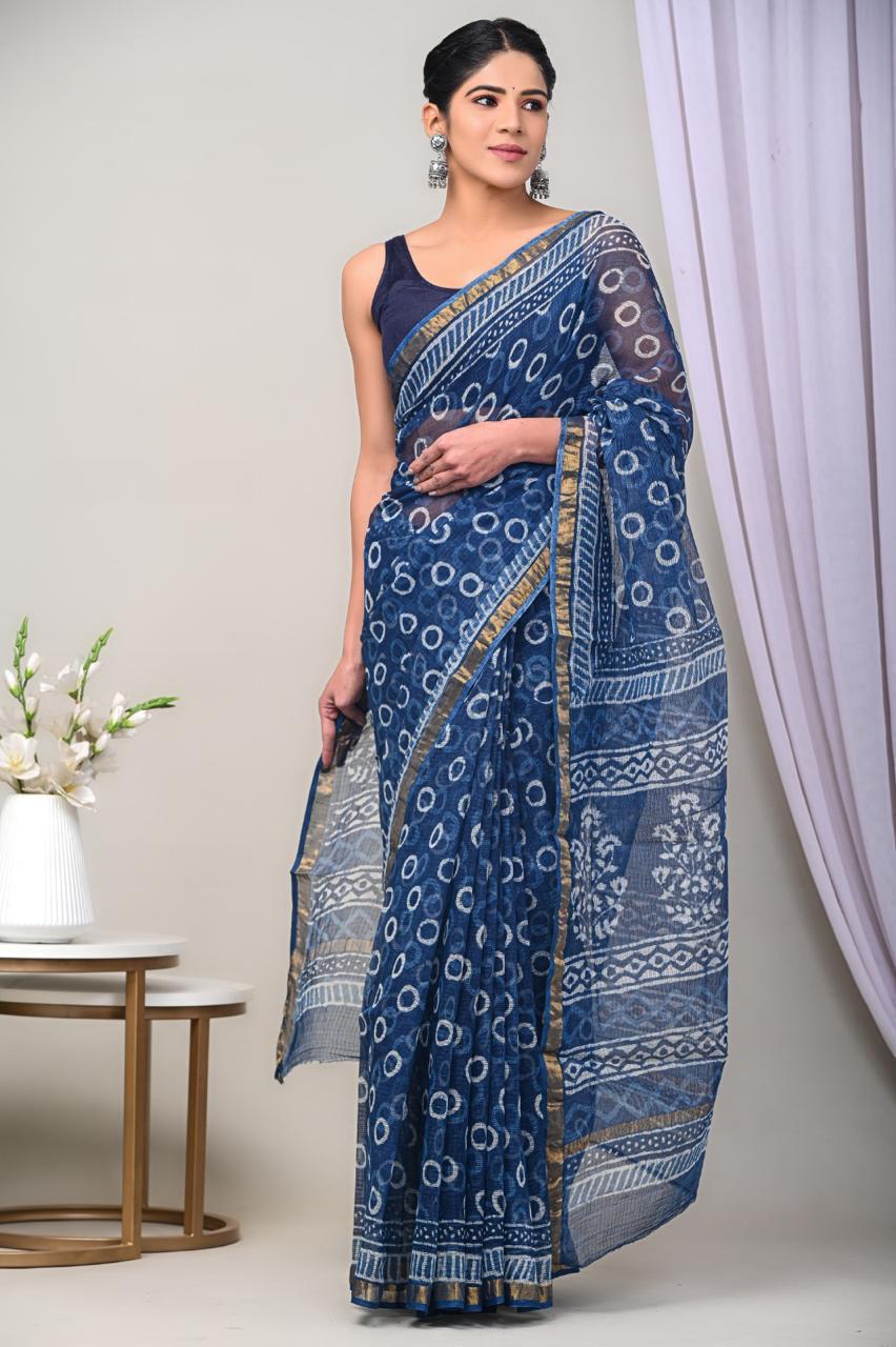 Pure Hand Block Printed Kota Doriya Sarees With Blouse (127)