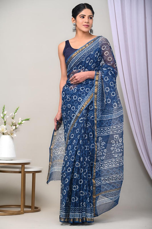 Pure Hand Block Printed Kota Doriya Sarees With Blouse (127)