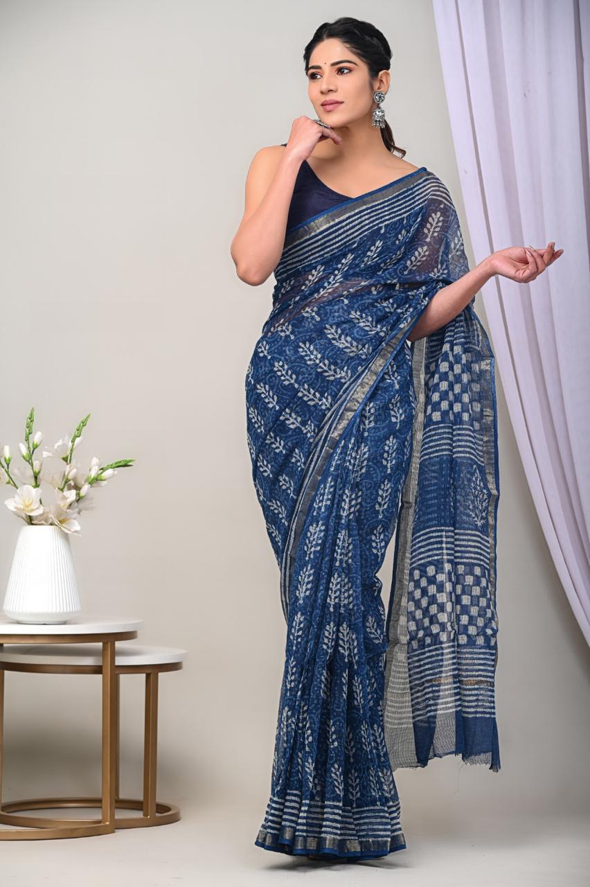 Pure Hand Block Printed Kota Doriya Sarees With Blouse (131)