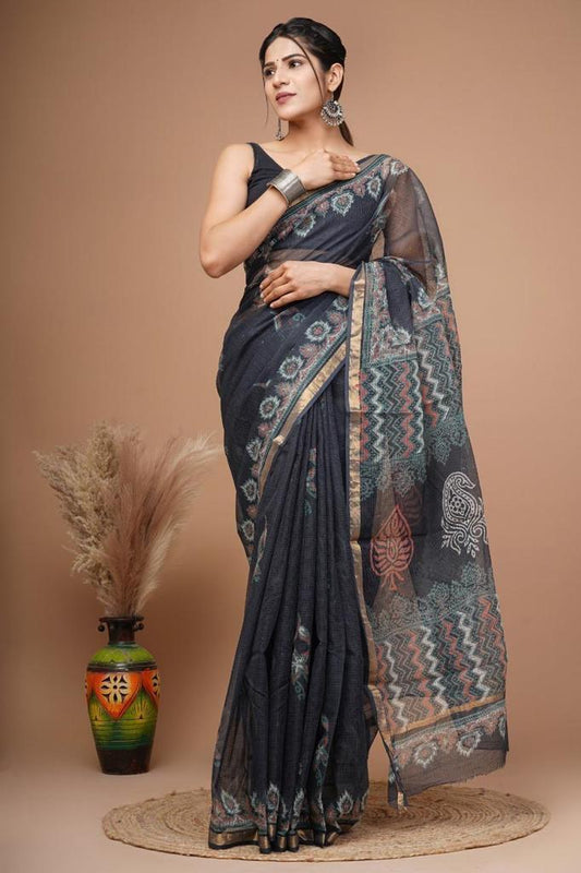 Pure Hand Block Printed Kota Doriya Sarees With Blouse (132)