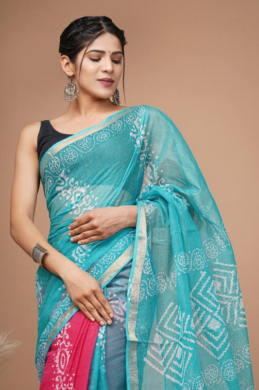 Pure Hand Block Printed Kota Doriya Sarees With Blouse (133)