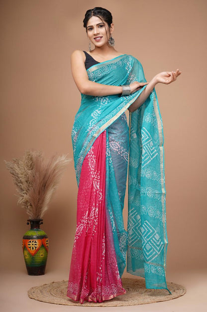Pure Hand Block Printed Kota Doriya Sarees With Blouse (133)