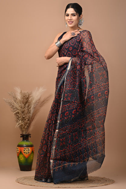 Pure Hand Block Printed Kota Doriya Sarees With Blouse (137)