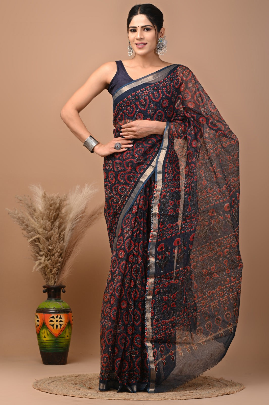 Pure Hand Block Printed Kota Doriya Sarees With Blouse (137)