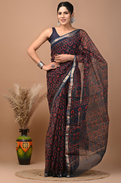 Pure Hand Block Printed Kota Doriya Sarees With Blouse (137)