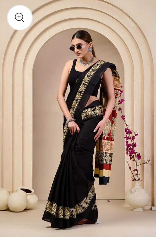 Bagru Block Print Cotton mulmul Sarees  (68)